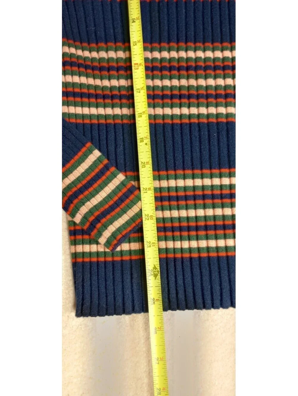 Tory Burch Striped Ribbed Turtleneck Sweater XL Blue Tan Merono Wool Stretch